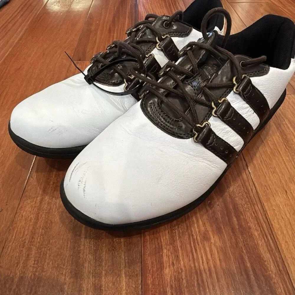 adidas Adipure Men's Golf Shoes Leather Spiked Lace Up White Brown Black size 9